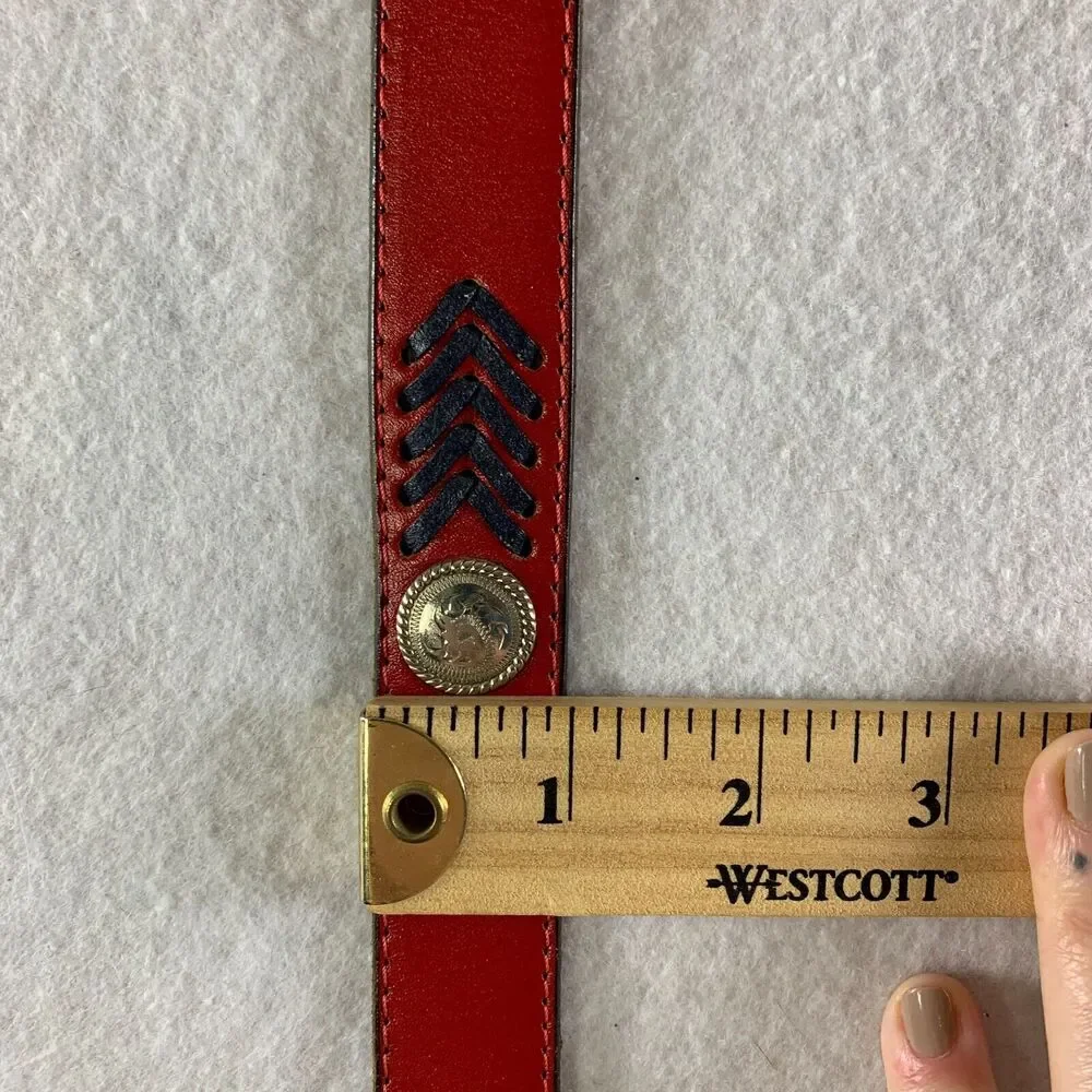 Vintage Womens Leather Belt Sz 32 Red Navy Fish Stitch Conchos‎ Coastal Boho